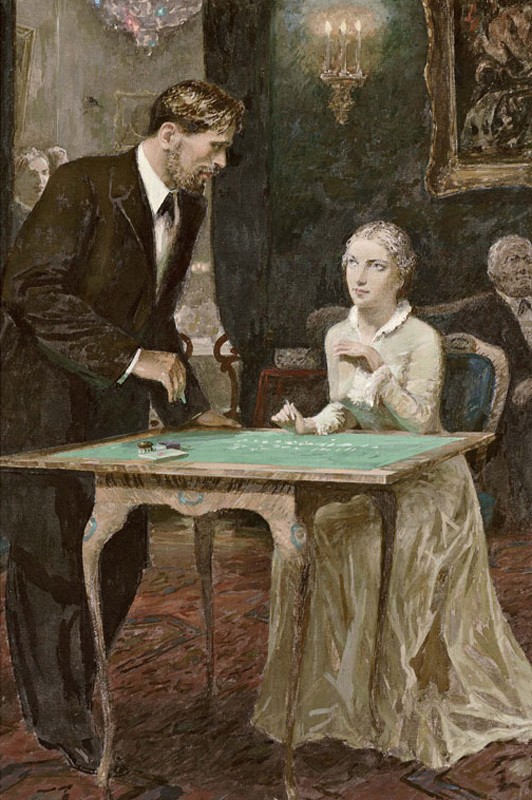 Levin standing beside Kitty as she writes with chalk at a table